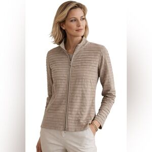 St. John Zip Jacket Beige Textured Stripe Knit Size Small
